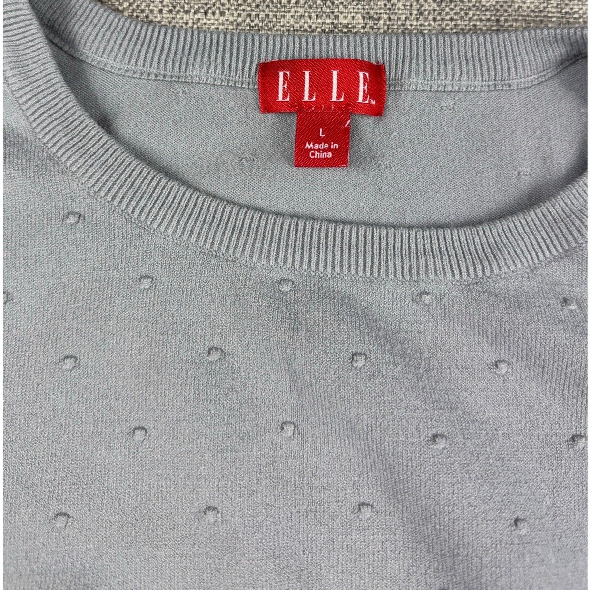 Second Half Supply Co, LLC gray-blue ELLE crewneck sweater with raised Swiss dot texture and ribbed collar