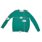 Second Half Supply Co, LLC emerald green Kim Rogers cable knit crewneck sweater with measurement overlay