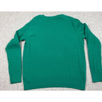 Back view of a Second Half Supply Co, LLC emerald green Kim Rogers cable knit crewneck sweater with ribbed trim.