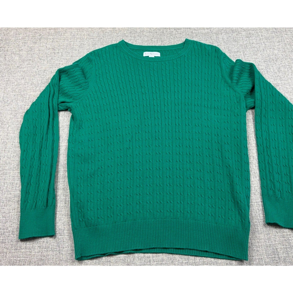 Second Half Supply Co, LLC emerald green Kim Rogers cable knit crewneck sweater with ribbed trim