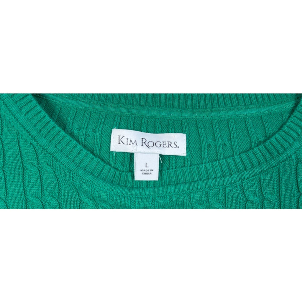 Second Half Supply Co, LLC Kim Rogers emerald green cable knit sweater with crew neck and size large label