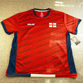 Second Half Supply Co, LLC England soccer fan jersey in red with navy blue panels, diagonal stripes, and chest patch.