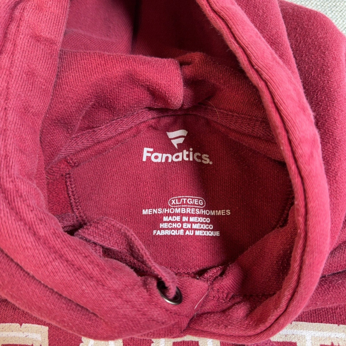 Second Half Supply Co, LLC Fanatics garnet red Florida State Seminoles hoodie interior neck label size XL