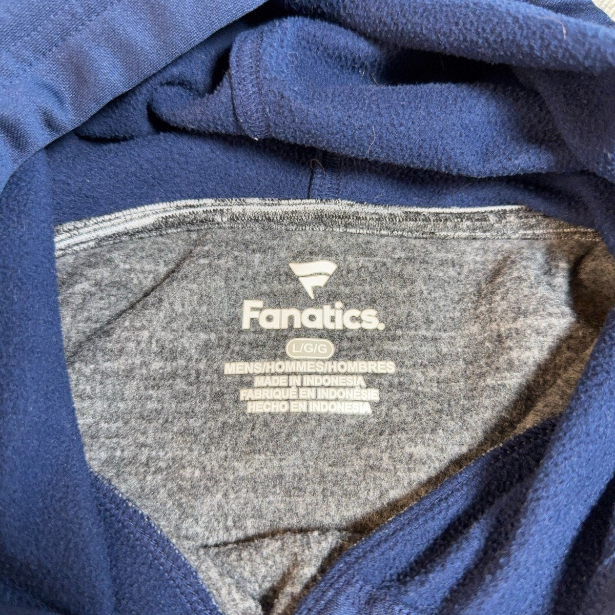 Second Half Supply Co, LLC Fanatics Notre Dame hoodie interior neck label showing size large and heather gray fleece