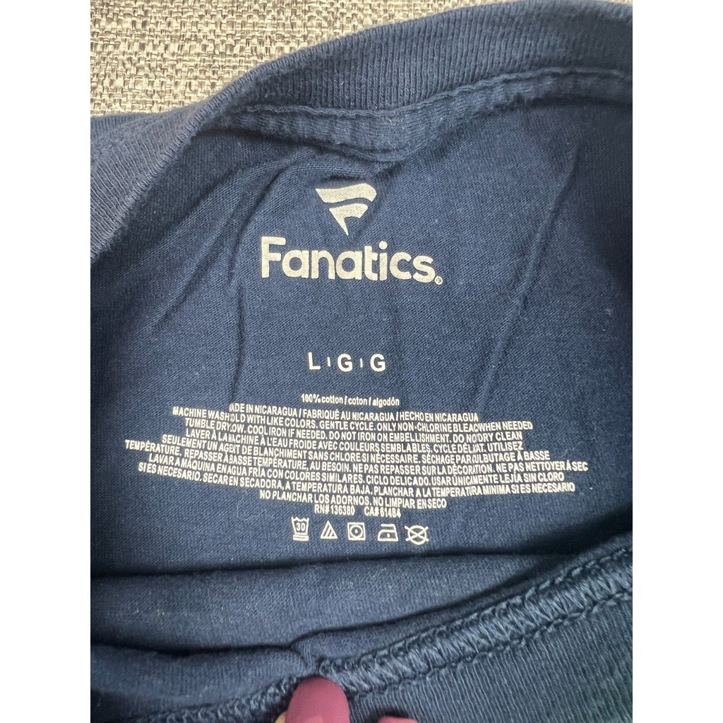 Second Half Supply Co, LLC navy blue Fanatics cotton t-shirt interior neck label with size large and care instructions