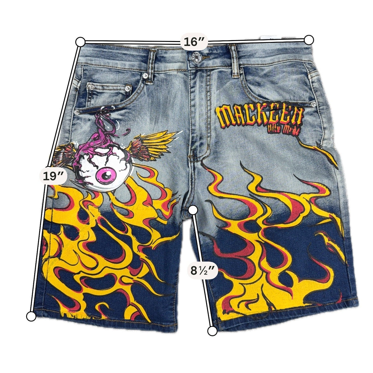 Second Half Supply Co, LLC D'Andijieshen light-wash denim shorts with yellow flame and winged eyeball graphic print.