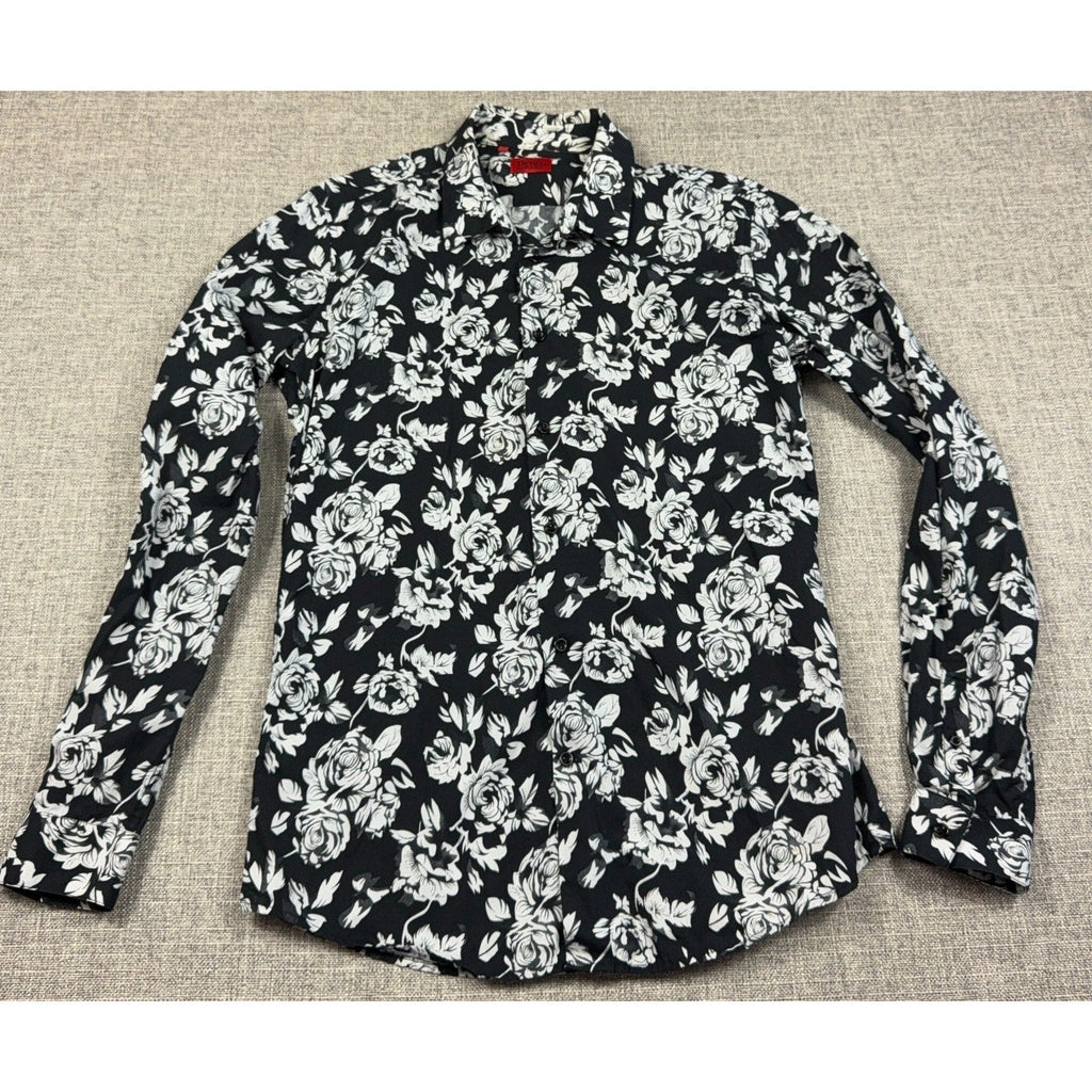 Second Half Supply Co, LLC black and white rose floral print long sleeve button-up shirt with a slim fit