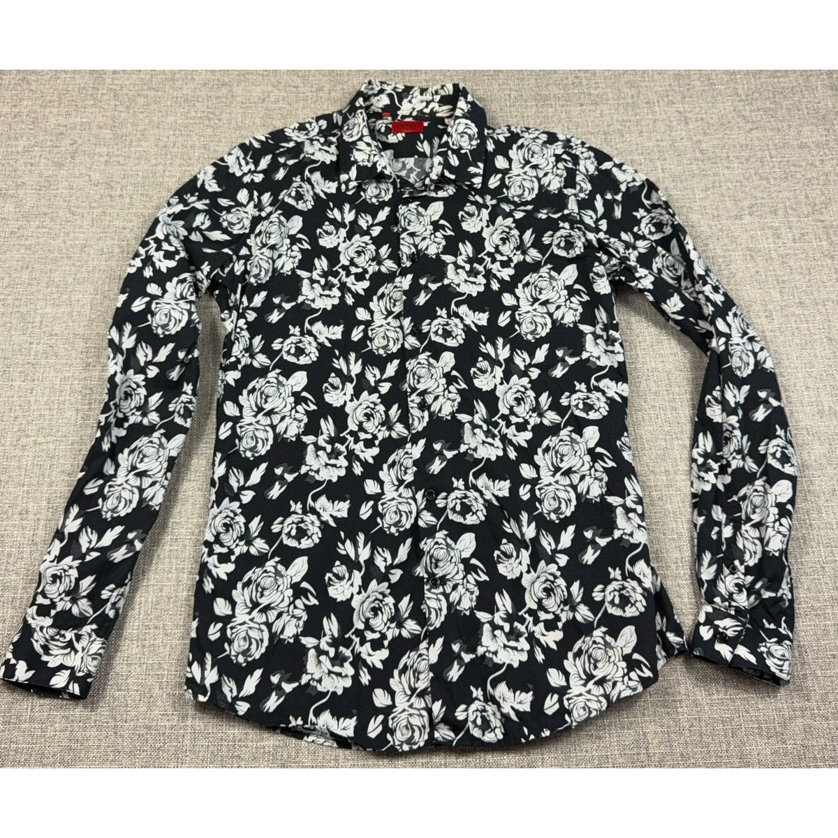 Second Half Supply Co, LLC black and white rose floral print long sleeve button-up shirt with a slim fit