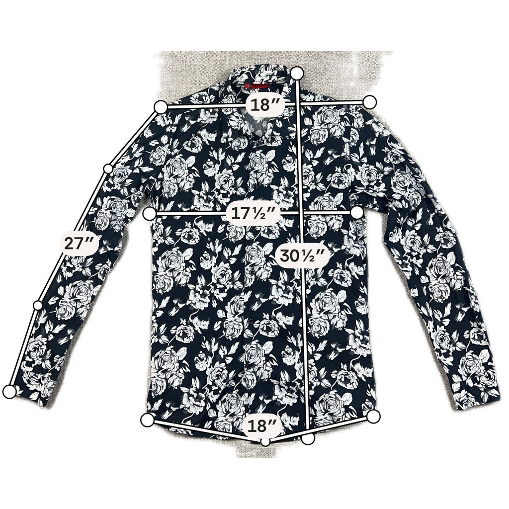 Second Half Supply Co, LLC Devil's Advocate black and white floral rose print long sleeve button-up shirt with measurements