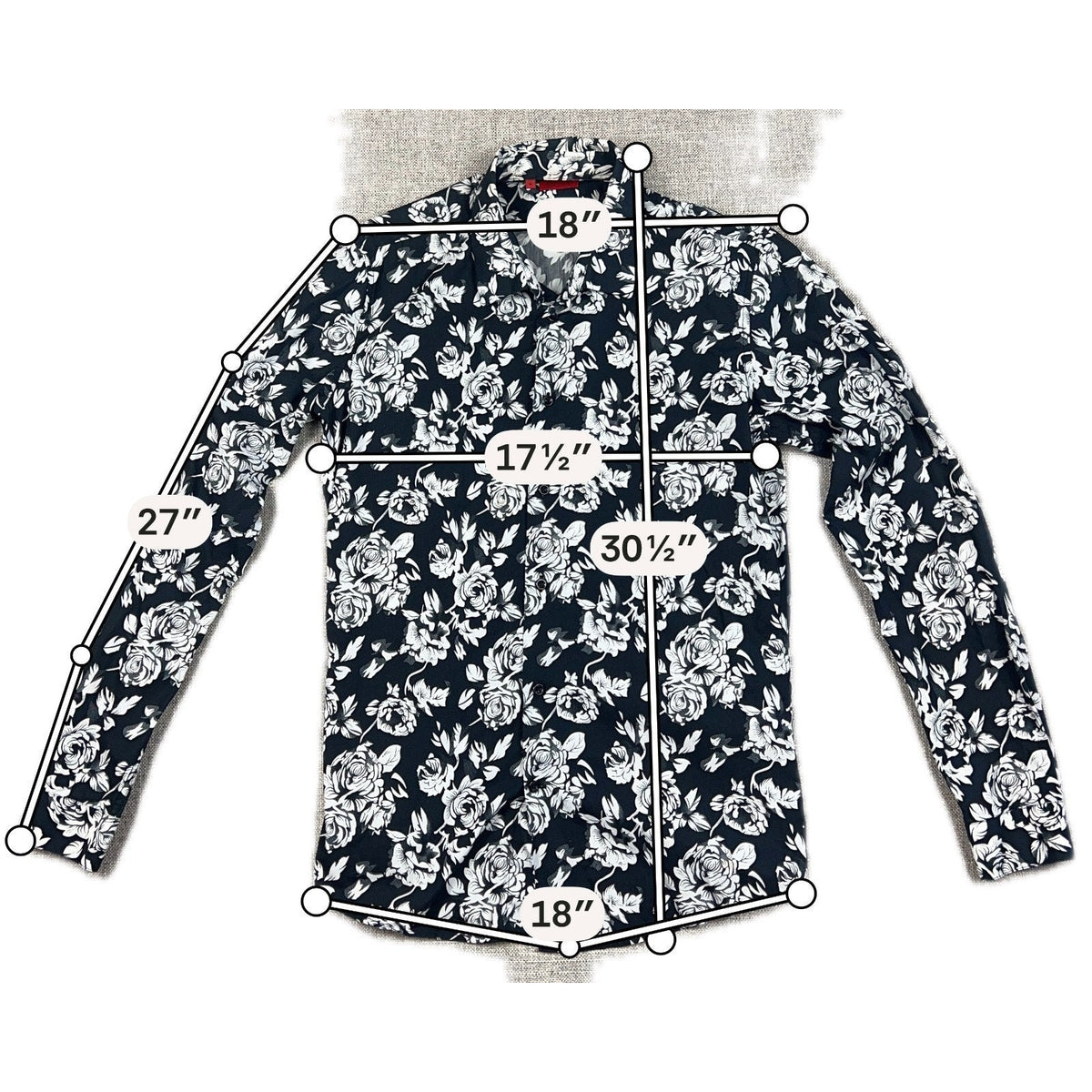 Second Half Supply Co, LLC Devil's Advocate black and white floral rose print long sleeve button-up shirt with measurements