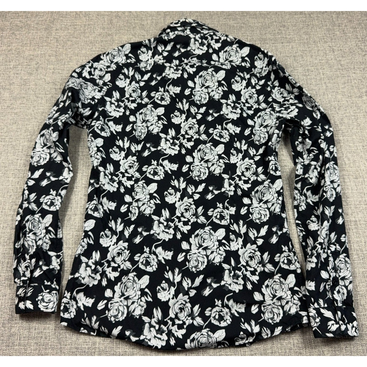 Second Half Supply Co, LLC men's long sleeve button-up shirt featuring a black and white rose floral print