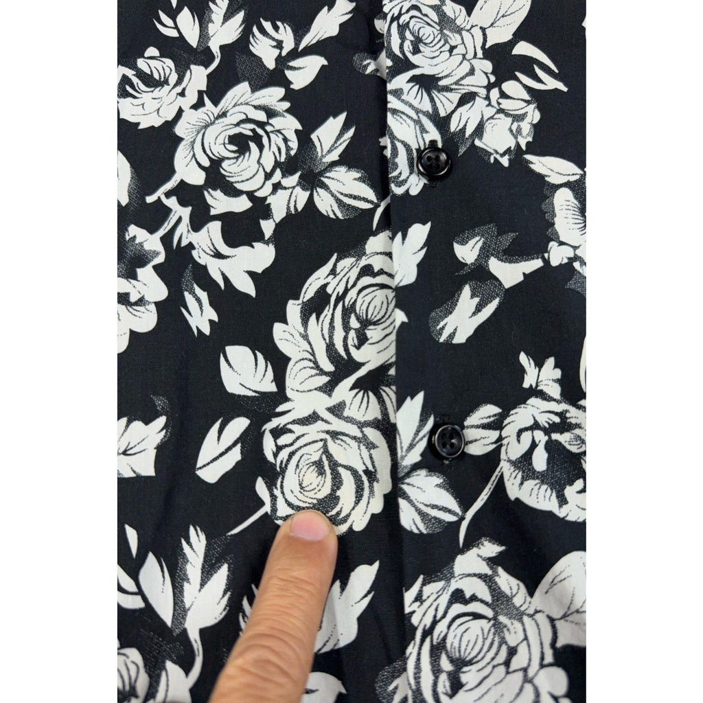 Second Half Supply Co, LLC black and white rose floral print long sleeve button-up shirt with black buttons