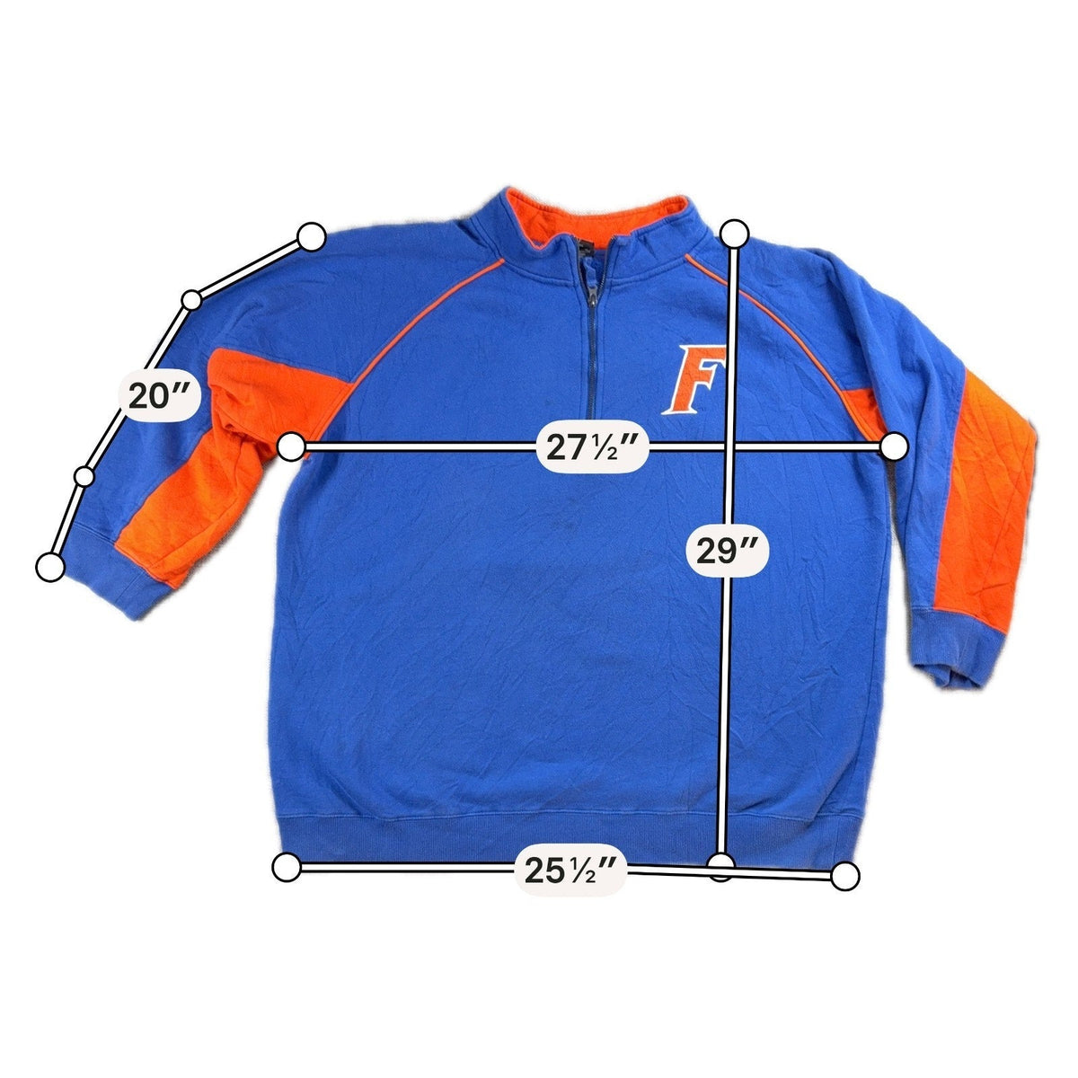 Second Half Supply Co, LLC Florida Gators blue and orange quarter-zip pullover with measurements overlaid