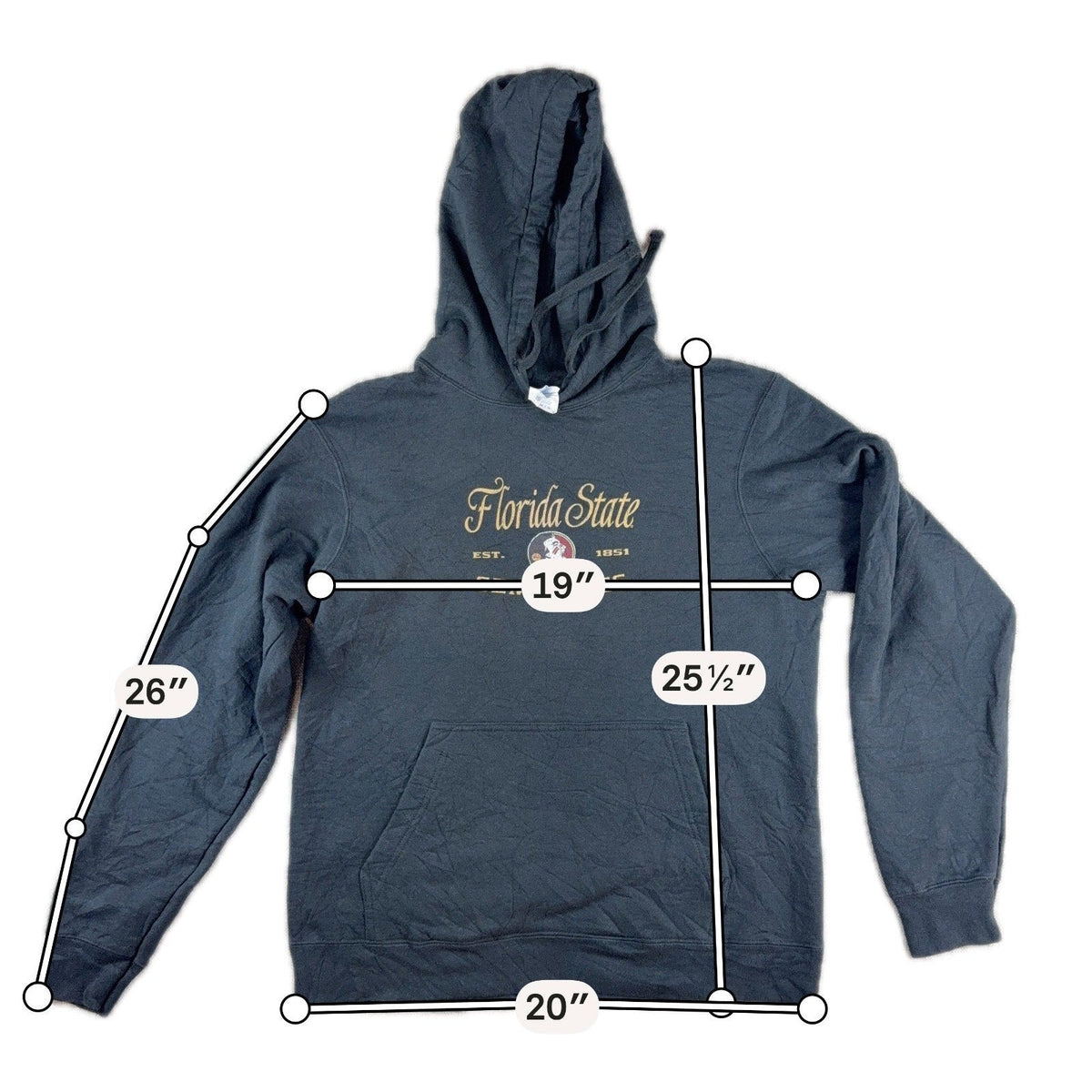 Second Half Supply Co, LLC Florida State Seminoles faded black pullover hoodie with front graphic and measurements.