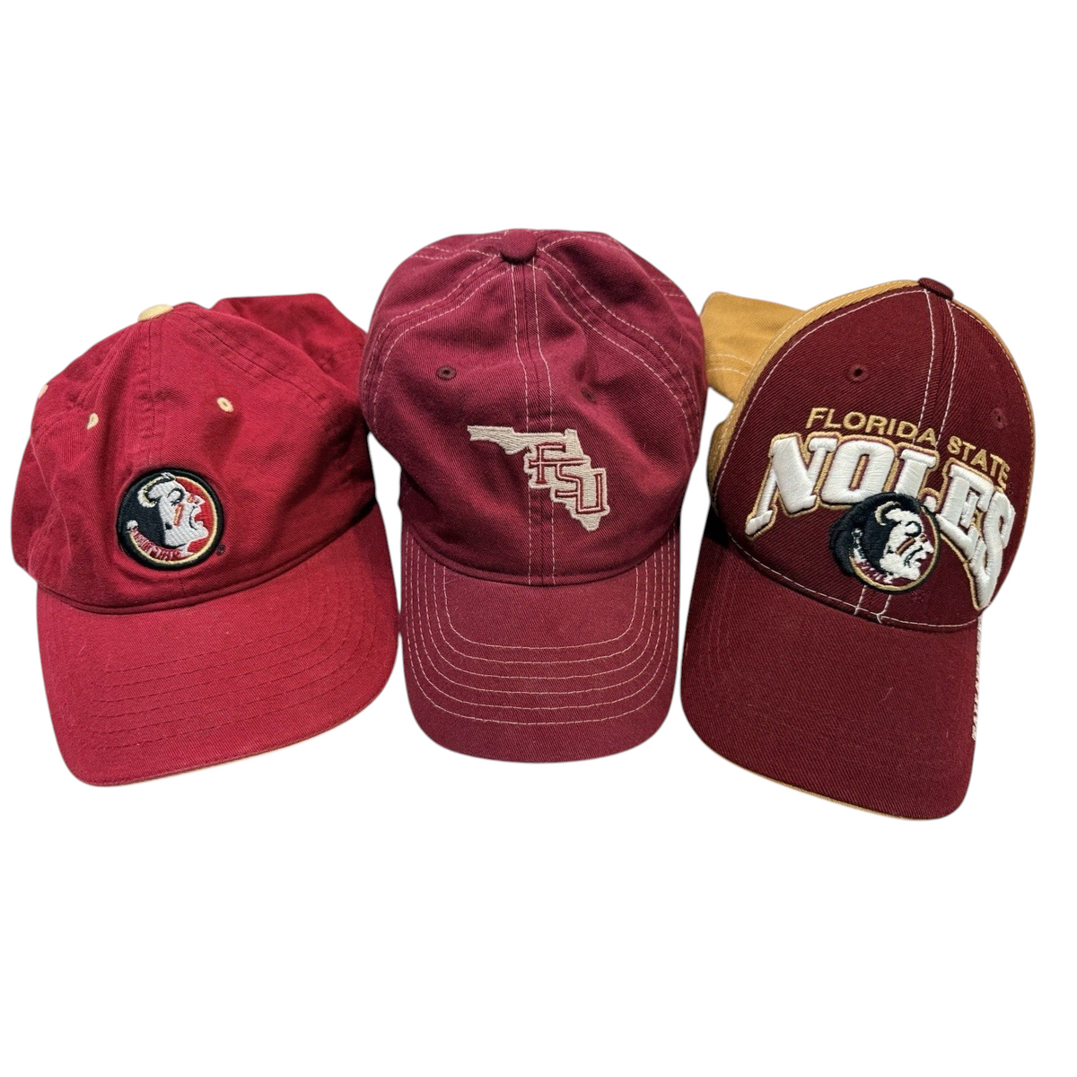 Second Half Supply Co, LLC vintage Florida State Seminoles hat bundle featuring three garnet and gold dad caps.