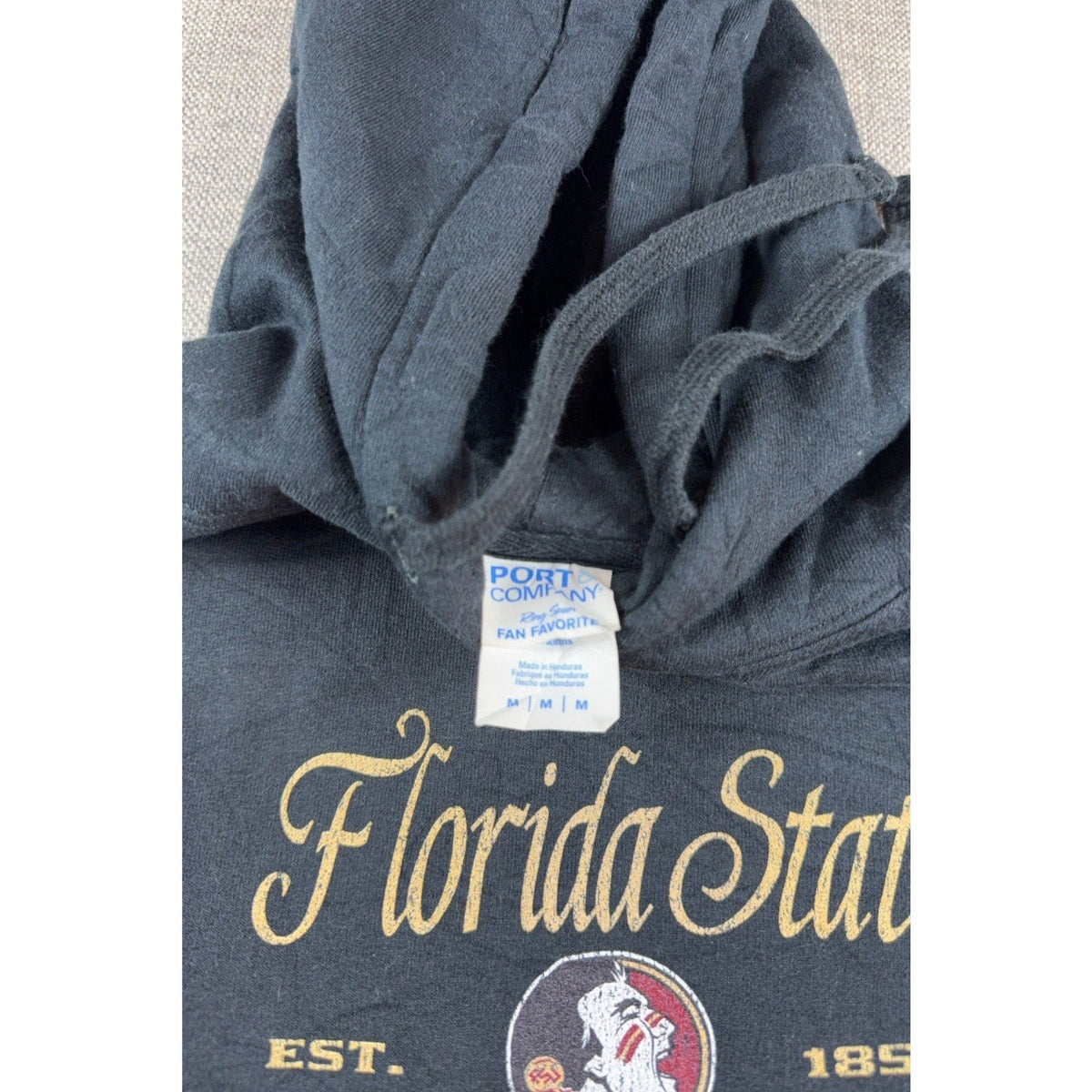 Second Half Supply Co, LLC faded black Florida State Seminoles hoodie with drawstring hood and vintage graphic