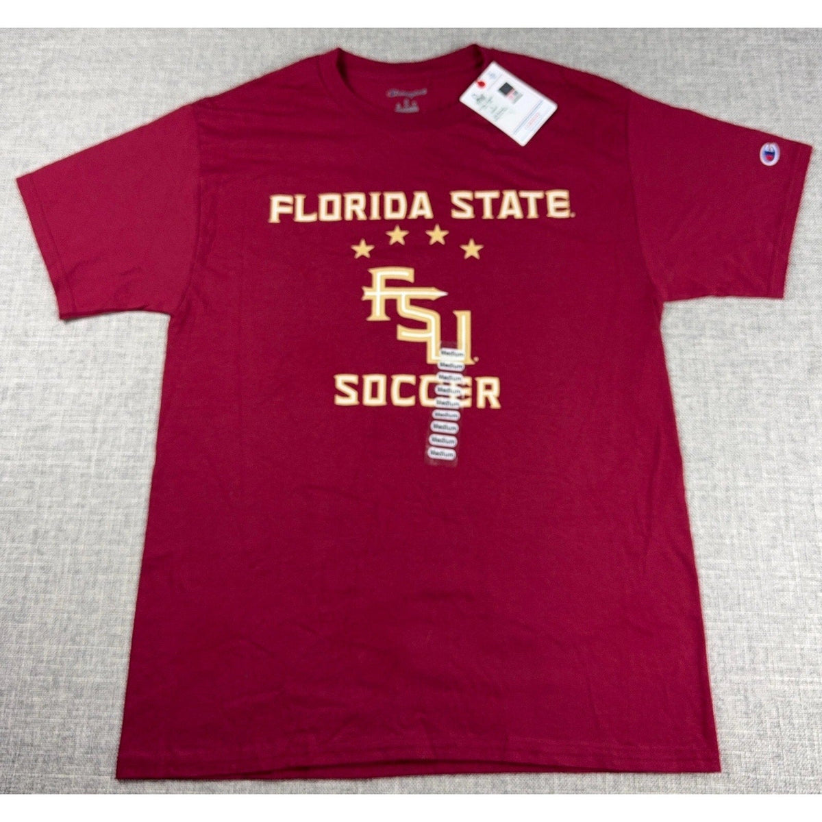 Second Half Supply Co, LLC garnet Florida State University soccer T-shirt with gold FSU logo and four championship stars