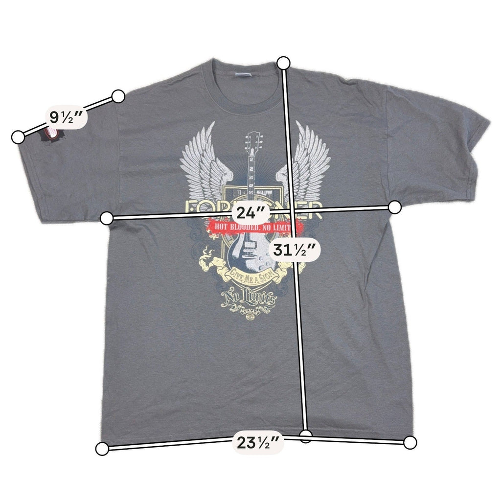 Second Half Supply Co, LLC dark grey Foreigner band graphic t-shirt with winged guitar print and concert details