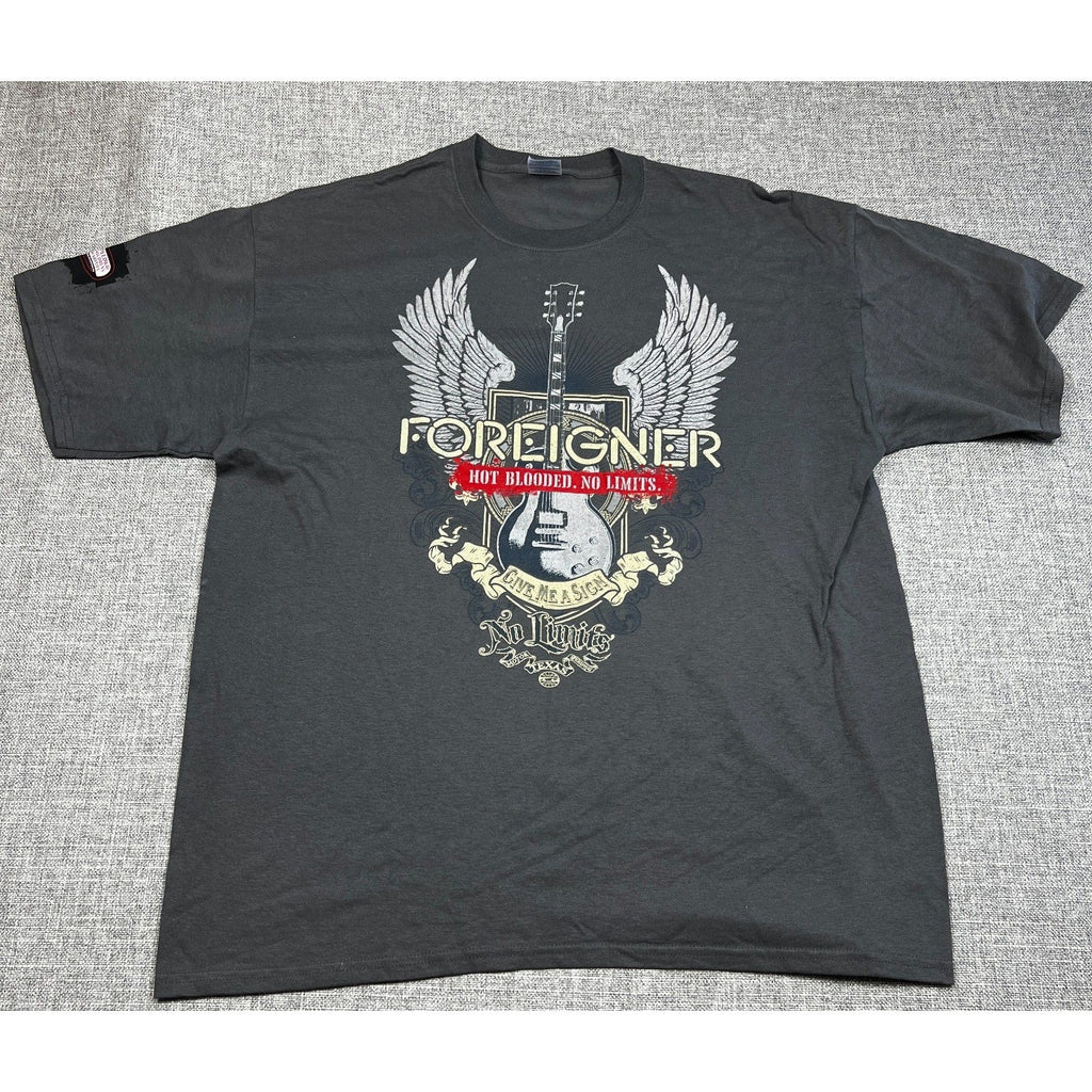 Second Half Supply Co, LLC dark grey cotton t-shirt featuring a Foreigner band graphic with guitar and wings design.
