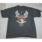 Second Half Supply Co, LLC dark grey cotton t-shirt featuring a Foreigner band graphic with guitar and wings design.