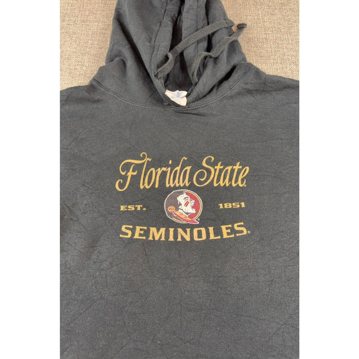 Second Half Supply Co, LLC faded black Florida State Seminoles hoodie with vintage graphic and drawstring hood