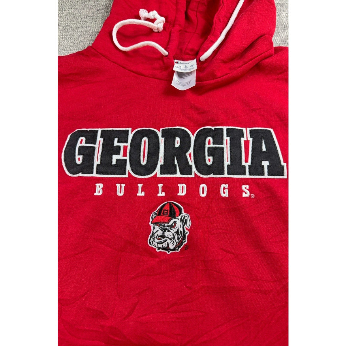 Second Half Supply Co, LLC red Champion Georgia Bulldogs pullover hoodie with team graphics and mascot logo