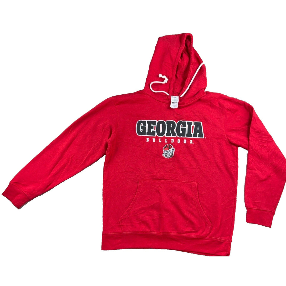 Second Half Supply Co, LLC red Georgia Bulldogs pullover hoodie with white drawstrings and team graphics.