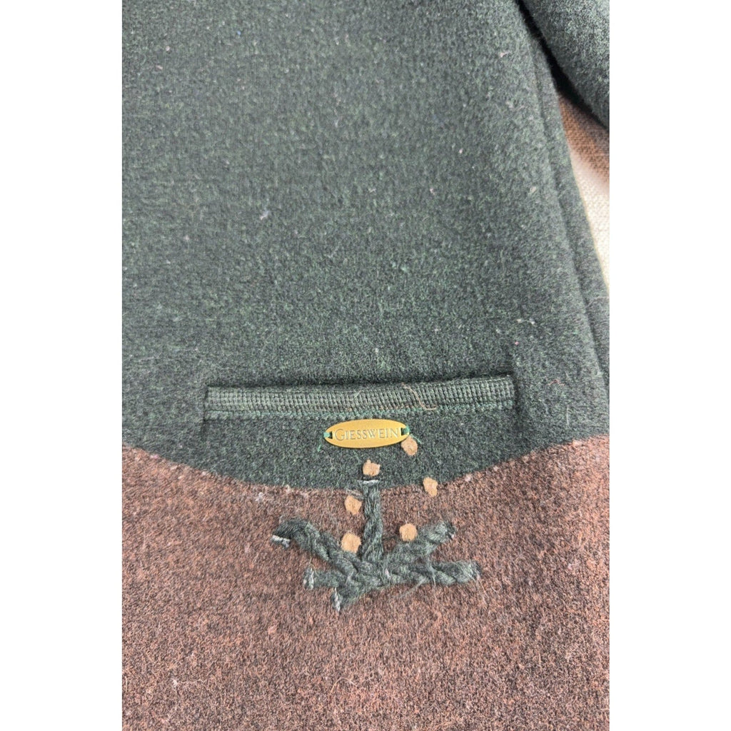 Second Half Supply Co, LLC vintage Giesswein forest green and brown boiled wool jacket with metal brand logo tag