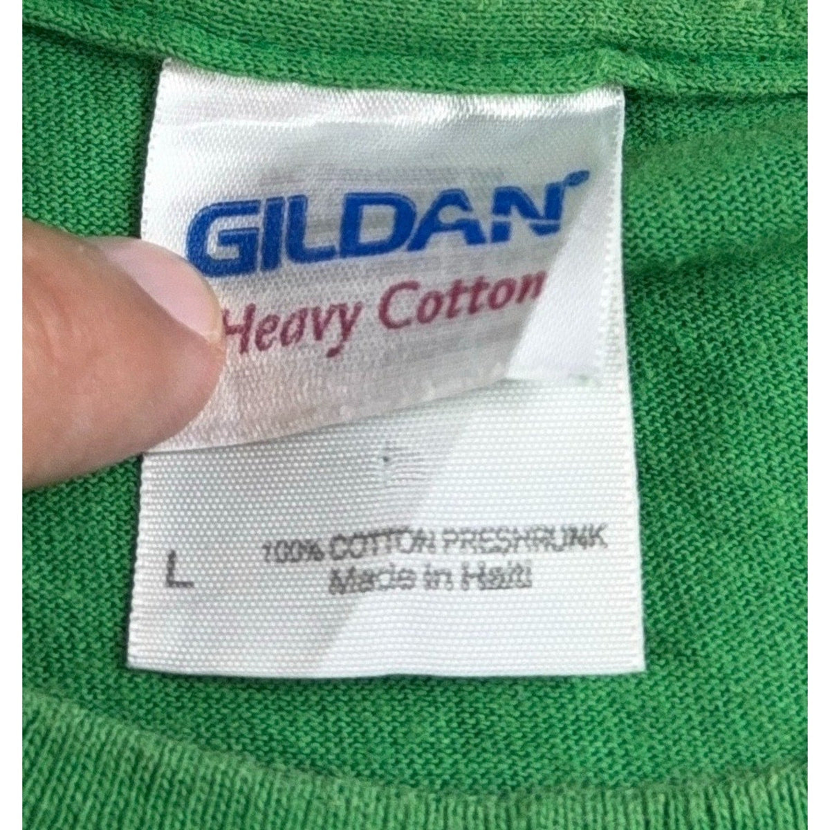 Second Half Supply Co, LLC Gildan green cotton T-shirt size large neck label detail