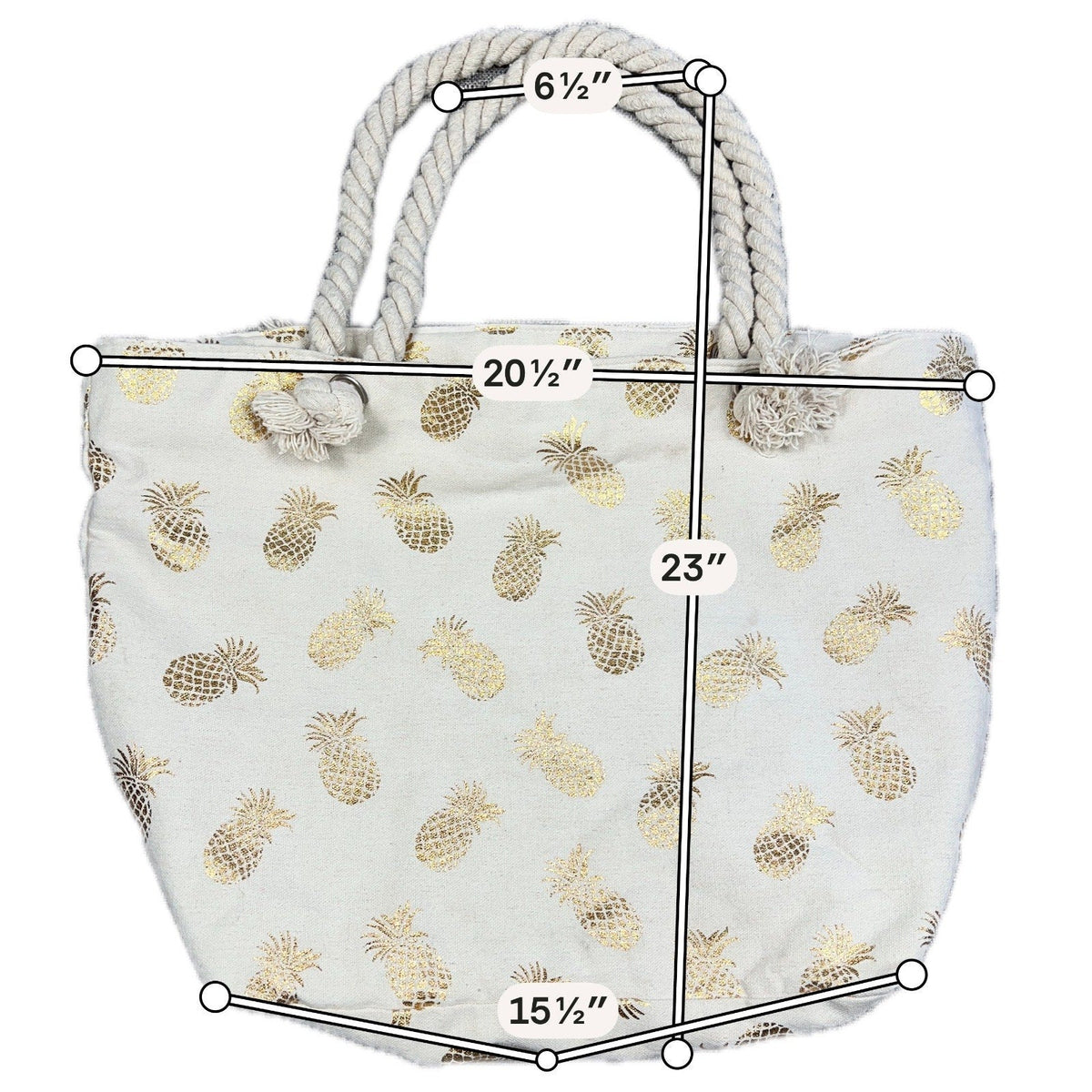 Second Half Supply Co, LLC cream canvas beach tote with metallic gold pineapple print and twisted rope handles
