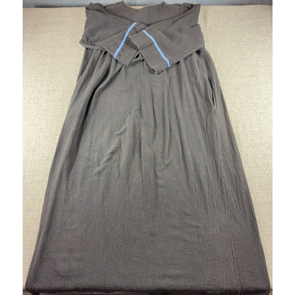 Second Half Supply Co, LLC vintage 80s charcoal gray textured caftan maxi dress with blue sleeve cuff trim