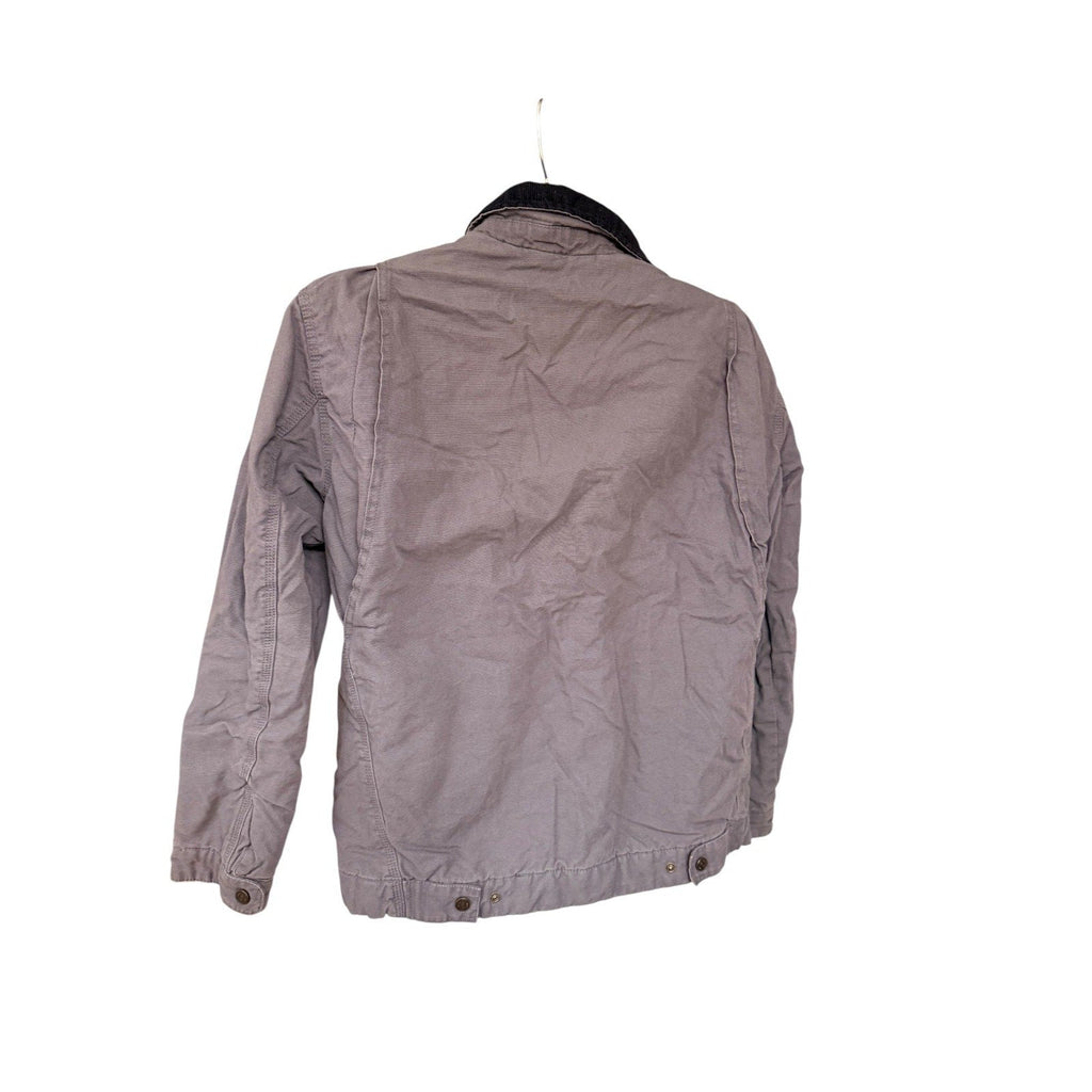Second Half Supply Co, LLC gray canvas work jacket with a black corduroy collar, back view.