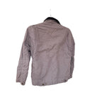 Second Half Supply Co, LLC gray canvas work jacket with a black corduroy collar, back view.