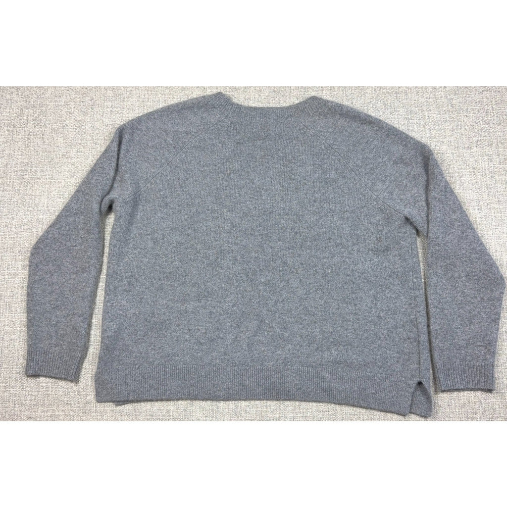Second Half Supply Co, LLC gray 100% cashmere men's sweater with raglan sleeves and ribbed hem, back view.
