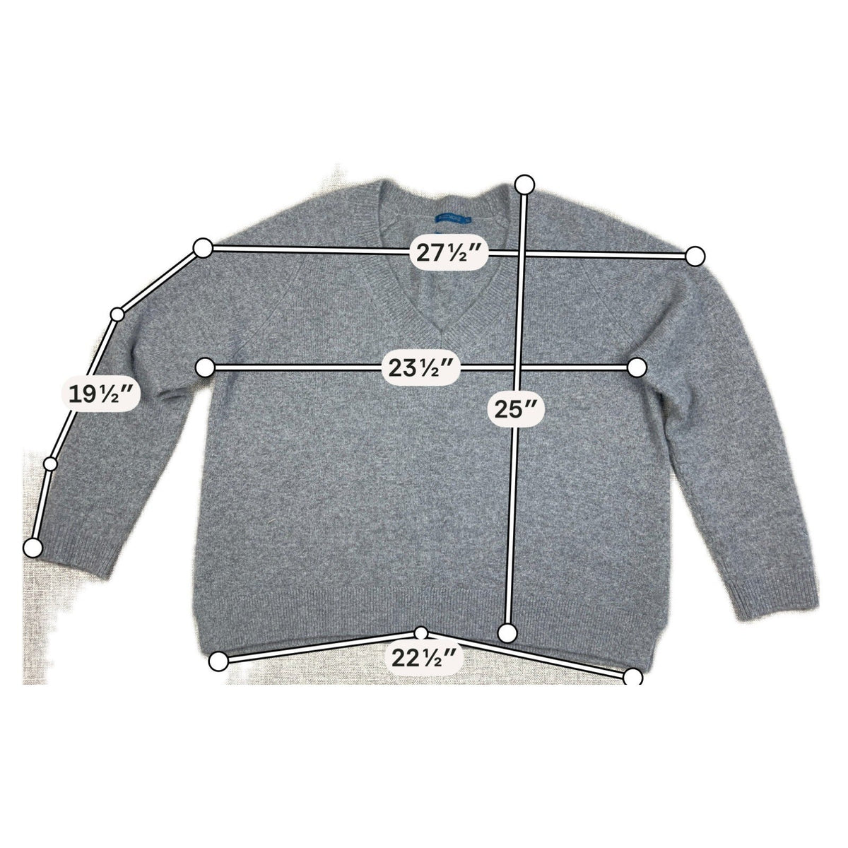 Second Half Supply Co, LLC gray 100% cashmere V-neck sweater with raglan sleeves and measurement annotations
