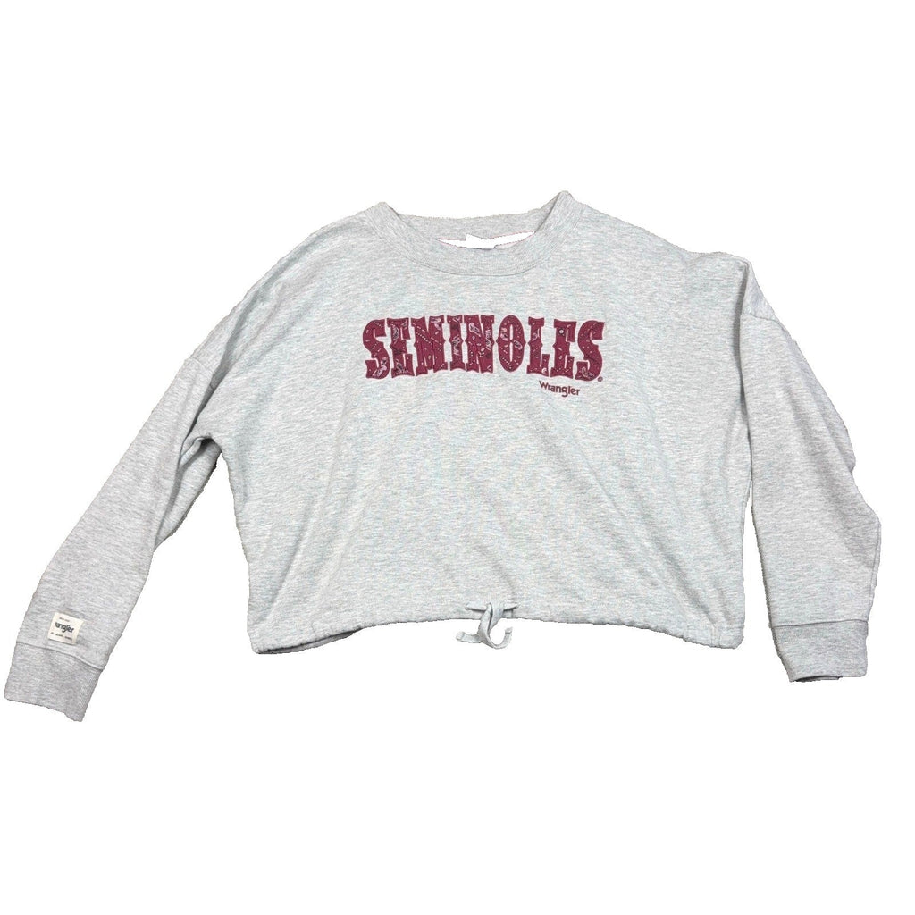 Second Half Supply Co, LLC heather gray cropped sweatshirt with garnet paisley Seminoles appliqué and drawstring hem