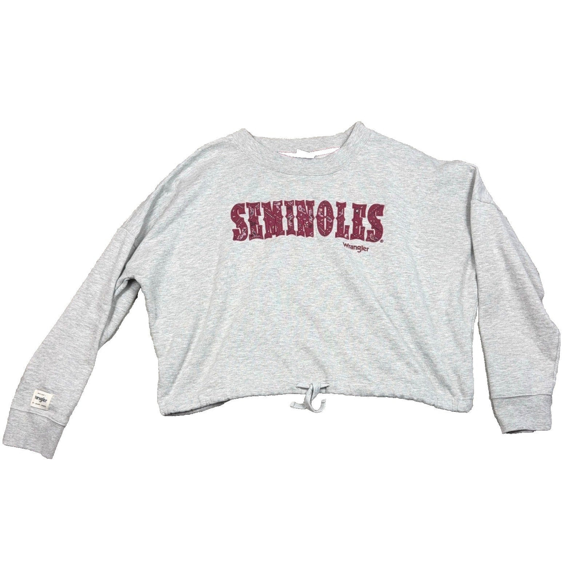 Second Half Supply Co, LLC heather gray cropped sweatshirt with garnet paisley Seminoles appliqué and drawstring hem
