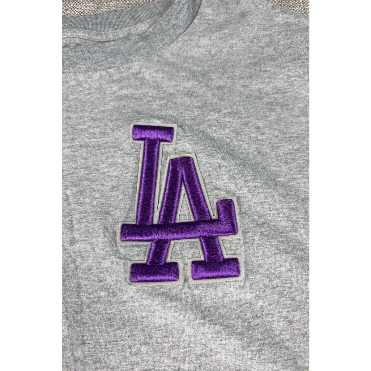 Second Half Supply Co, LLC heather gray Pro Standard LA Dodgers t-shirt with a raised purple embroidered logo appliqué