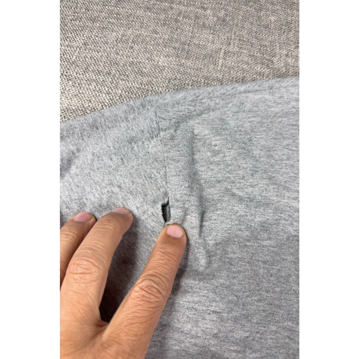 Second Half Supply Co, LLC gray Pro Standard Dodgers t-shirt showing a small hole in the shoulder seam