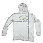 Second Half Supply Co, LLC light gray organic cotton hoodie with Weekends Boulder mountain graphic and measurements.