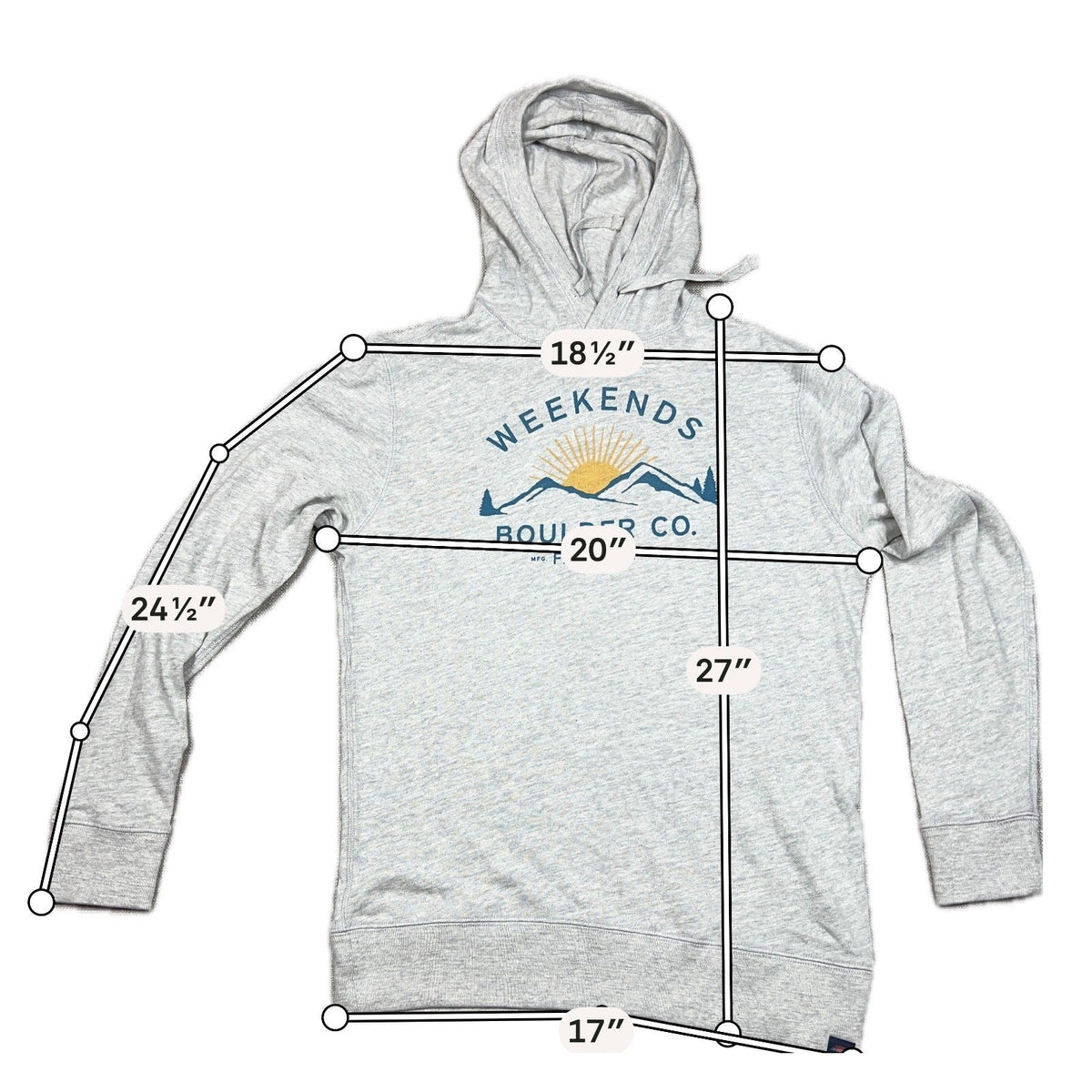 Second Half Supply Co, LLC light gray organic cotton hoodie with Weekends Boulder mountain graphic and measurements.