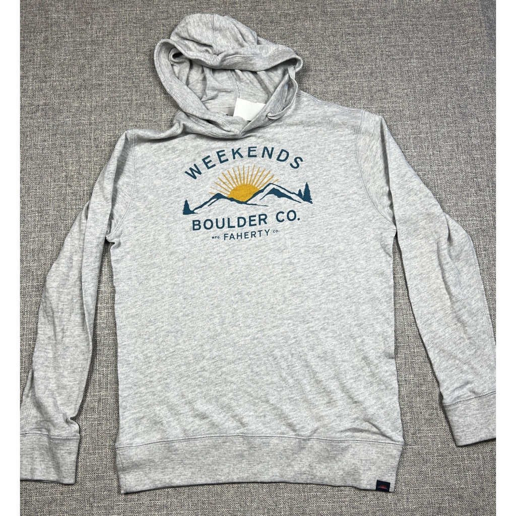 Second Half Supply Co, LLC light gray Faherty organic cotton hoodie with Weekends Boulder mountain graphic
