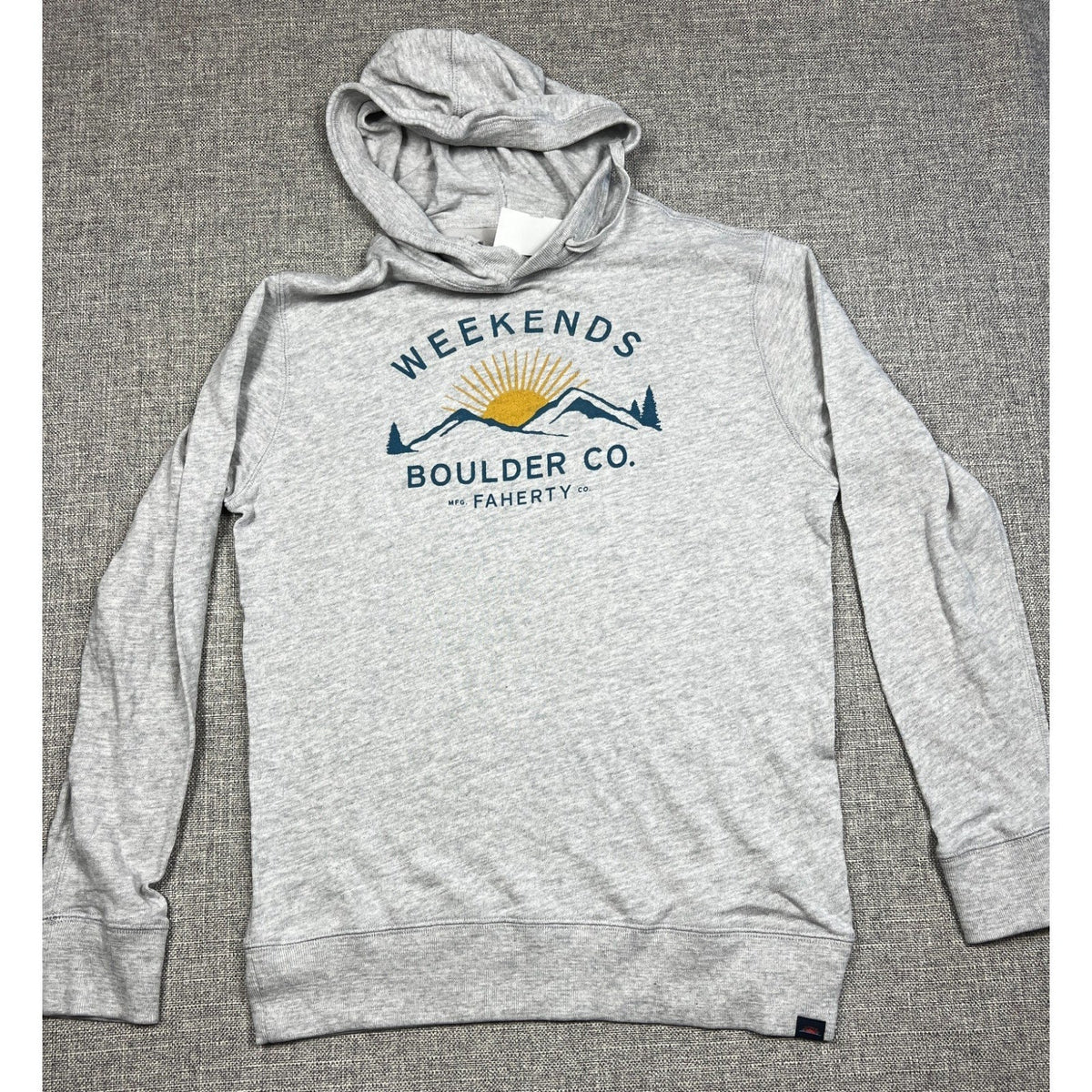 Second Half Supply Co, LLC light gray Faherty organic cotton hoodie with Weekends Boulder mountain graphic