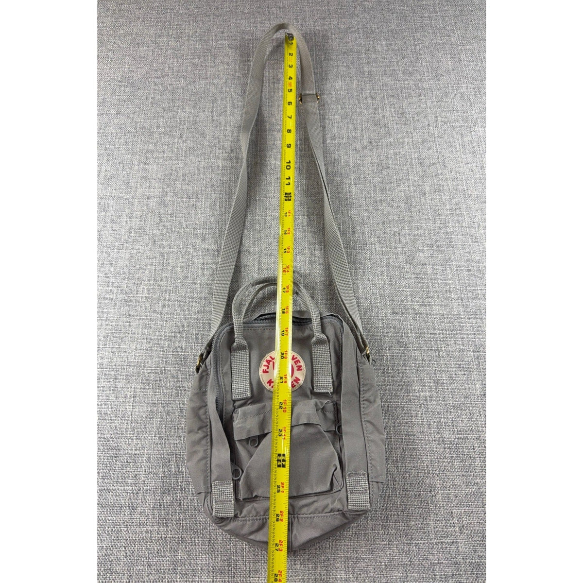 Second Half Supply Co, LLC gray Fjallraven Kanken Sling crossbody bag with measuring tape for scale