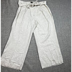 Second Half Supply Co, LLC gray heathered linen blend wide leg crop pants with a paperbag tie waist and front pleats.