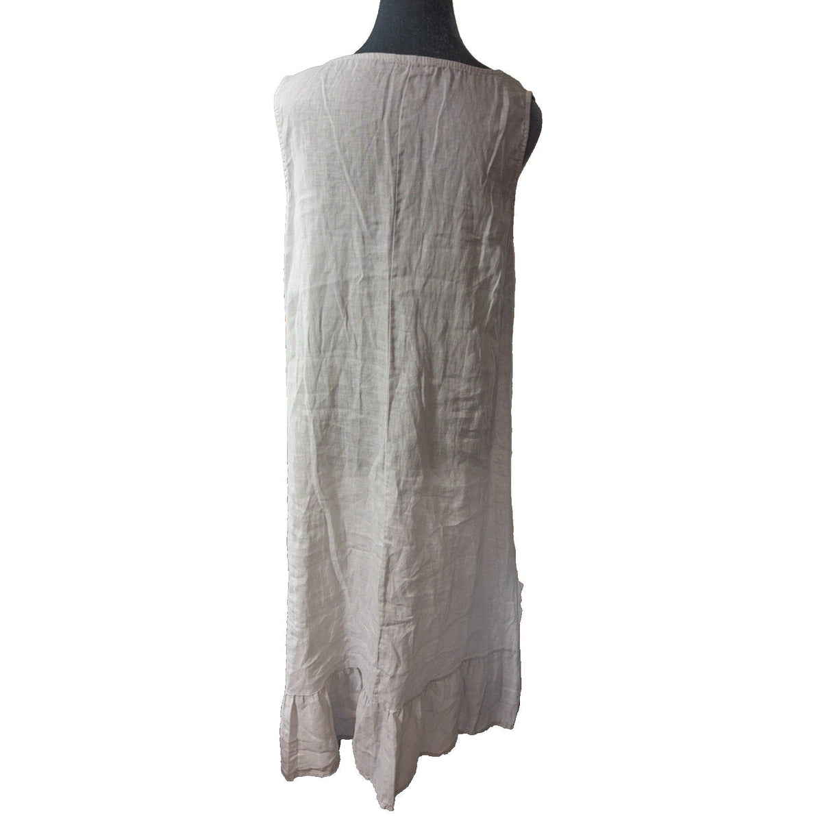 Second Half Supply Co, LLC light gray Terzo Millennio sleeveless linen maxi dress with a ruffled hem, back view