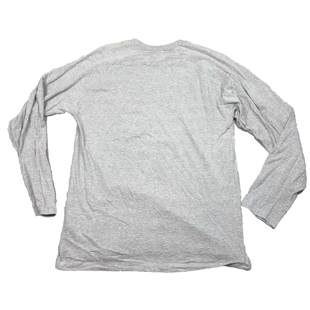 Back view of a Second Half Supply Co, LLC heather gray long-sleeve raglan shirt with a plain back.