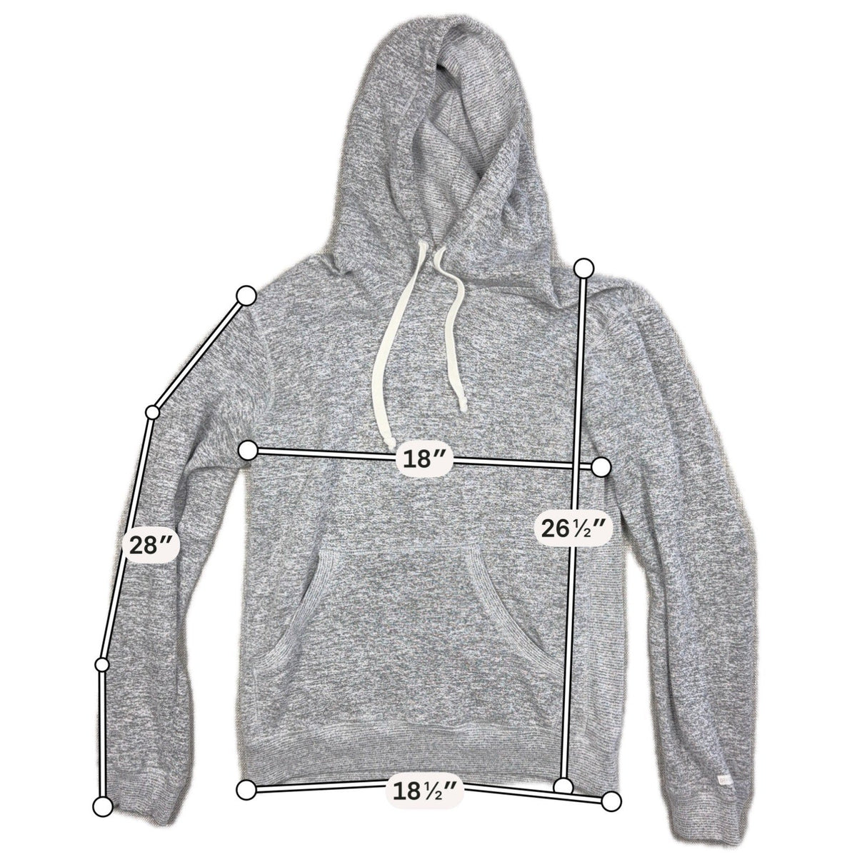 Second Half Supply Co, LLC gray marled Devium pullover hoodie with cream drawstrings and measurement annotations