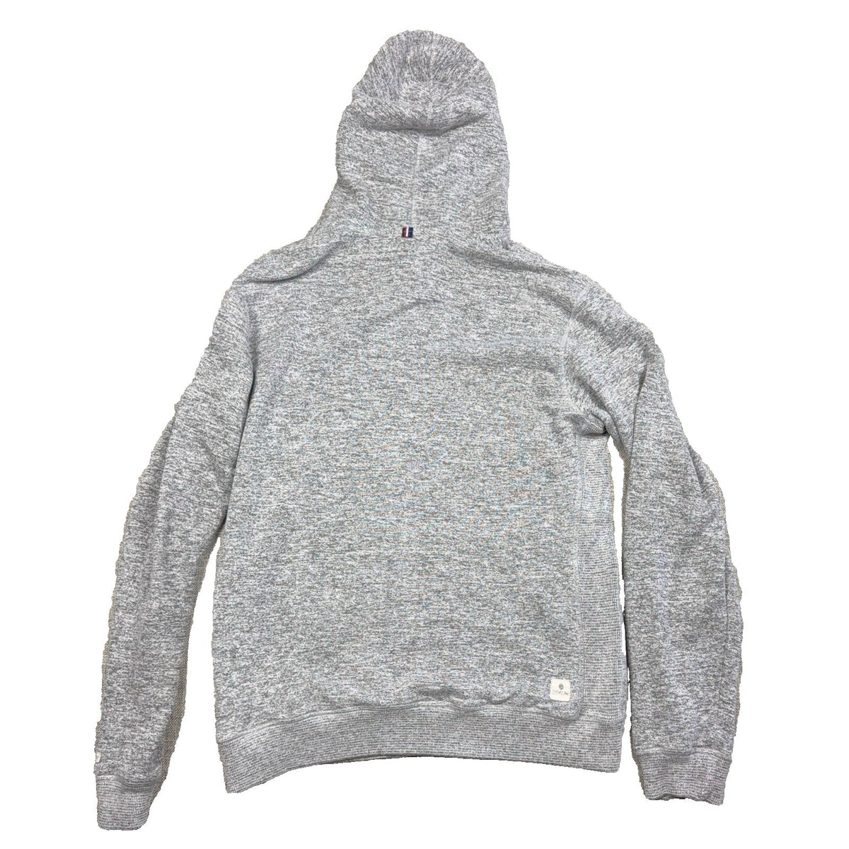 Second Half Supply Co, LLC Devium gray marled pullover hoodie, back view showing ribbed side panels and logo detail.