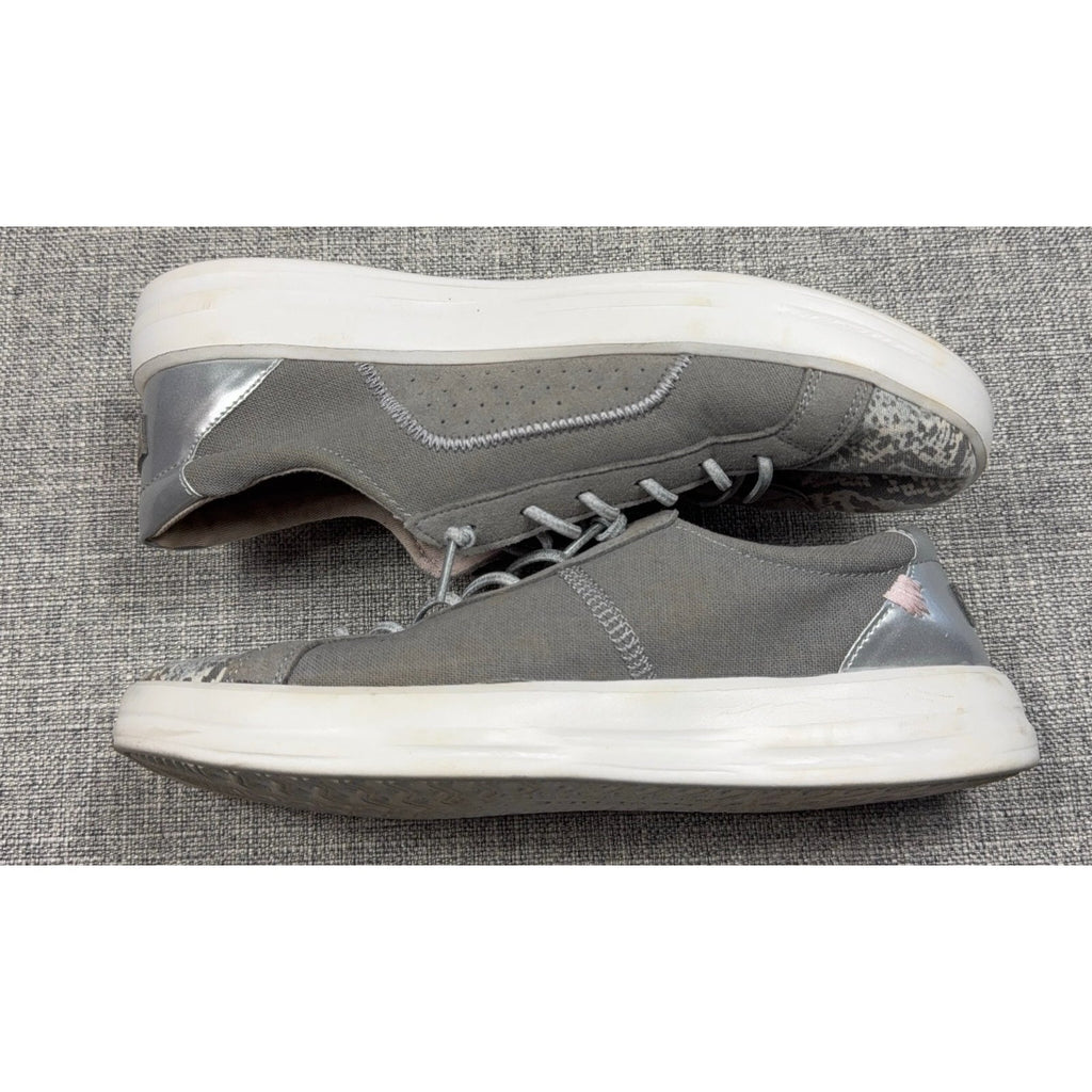 Second Half Supply Co, LLC Hey Dude Karina gray slip-on sneakers with metallic silver heels and snakeskin-print toes.